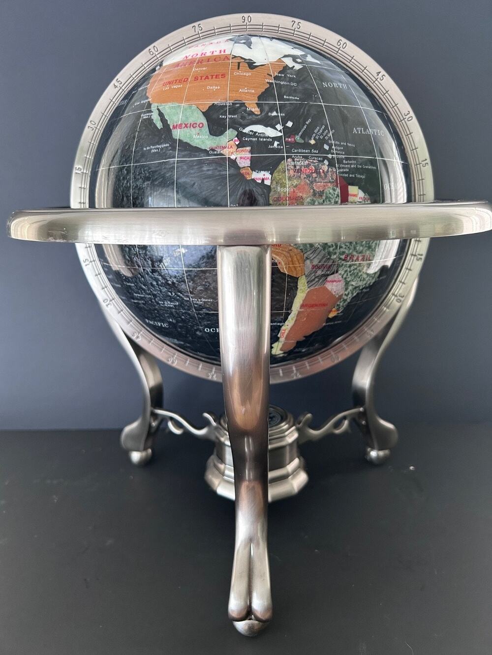 Semi-Precious Gemstone & Crystal Inlaid Globe 14" Black Onyx Setting Silver Tone